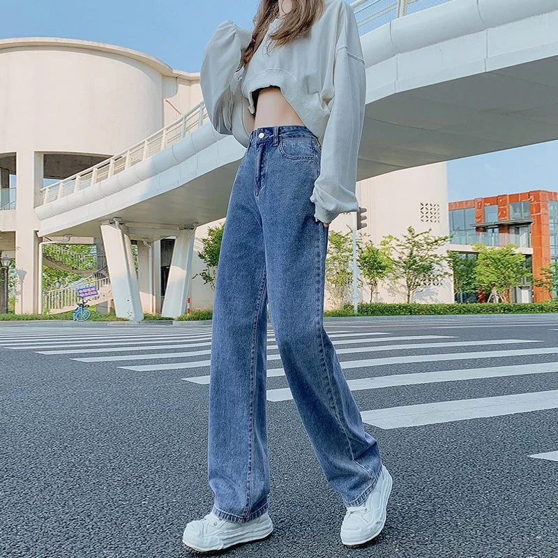 NiDELL Loose Small Straight Jeans Women's New High Waist Korean Style Drooping Slimming Mopping Wide-Leg Vibe Style Pants