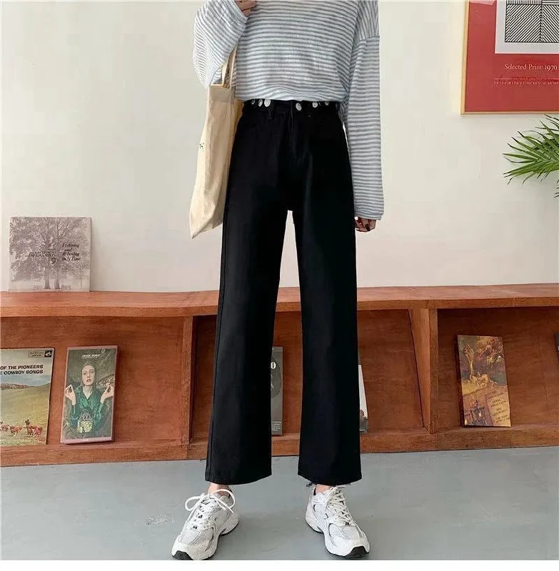 NiDELL Loose Straight Jeans for Female Students . New Korean Style Pants High Waist Slimming All-Matching Wide Leg Pants Fashion