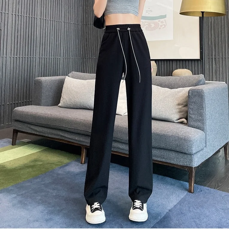 NiDELL Narrow Wide-Leg Pants for Women Spring and Autumn Summer High Waist Drooping Straight Pants New Slimming Casual Pants Drawstring Mop Pants