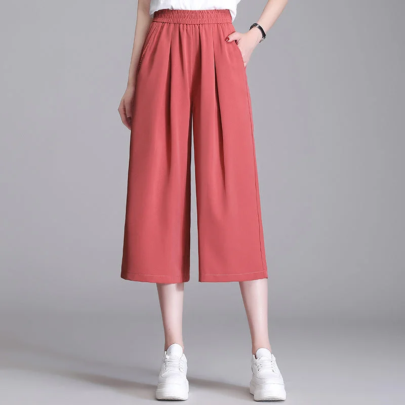 NiDELL . New Summer Thin Cropped Wide-Leg Pants Women's High Waist Loose Large Size Fat mm 100.00kg Drape Ice Silk Casual Pants