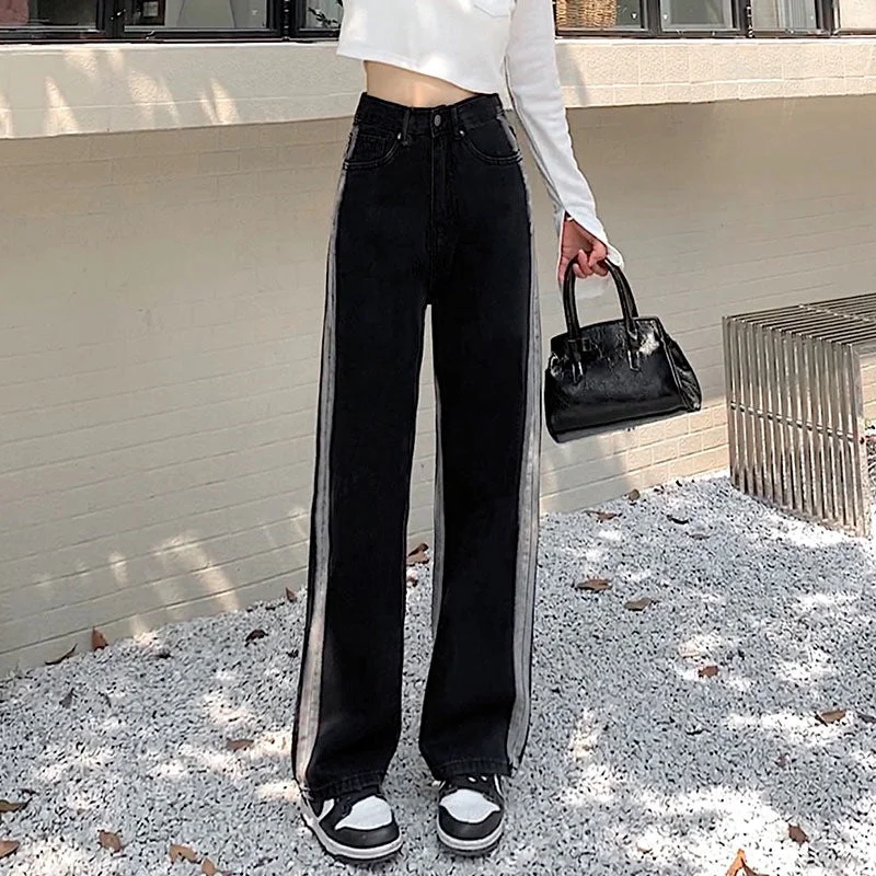 NiDELL Pants Women Gradient Color Striped Jeans Women Spring . New High Waist Loose Straight Wide Leg Mop Pants Tide