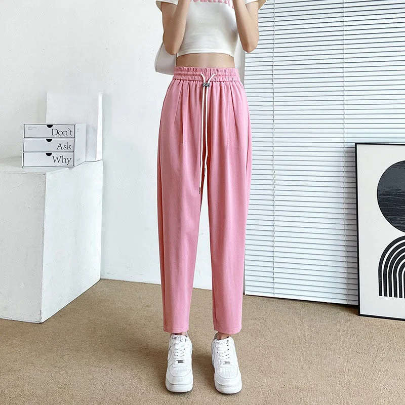 NiDELL Pink Ice Silk Sports Pants Female Summer Thin . New Loose Radish Harem Casual Smoke Tube Cropped Pants