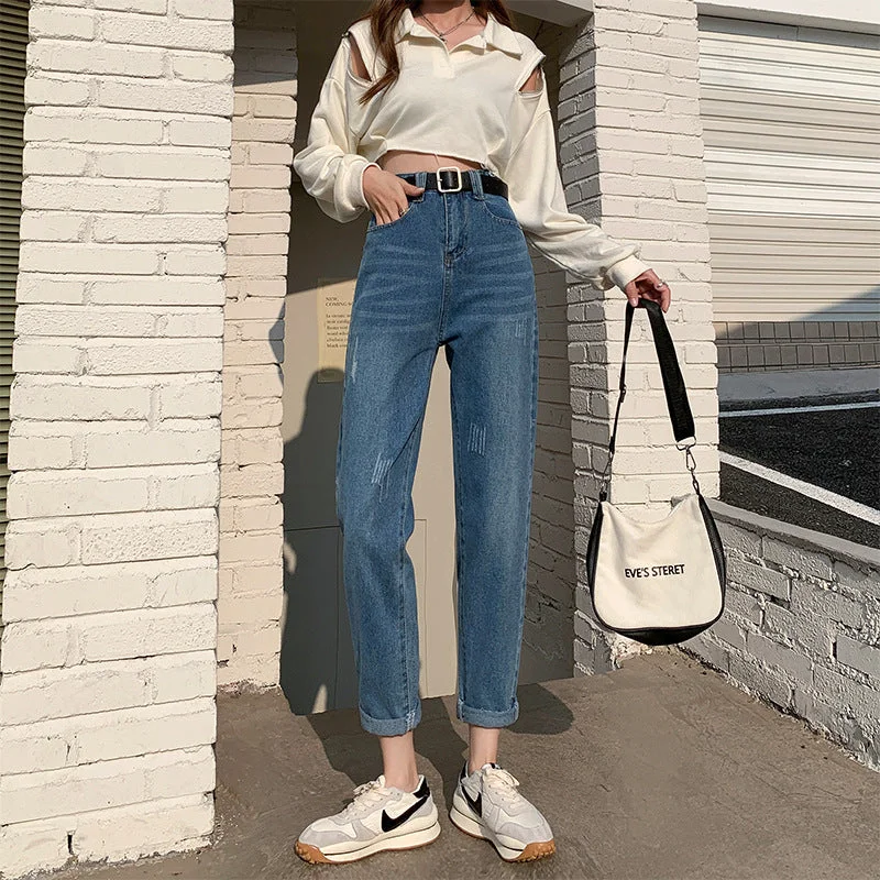 NiDELL Real Shot Korean Style Ripped Denim Harem Pants Women's Spring . New All-Matching Slimming High Waist Ankle-Length Dad Pants