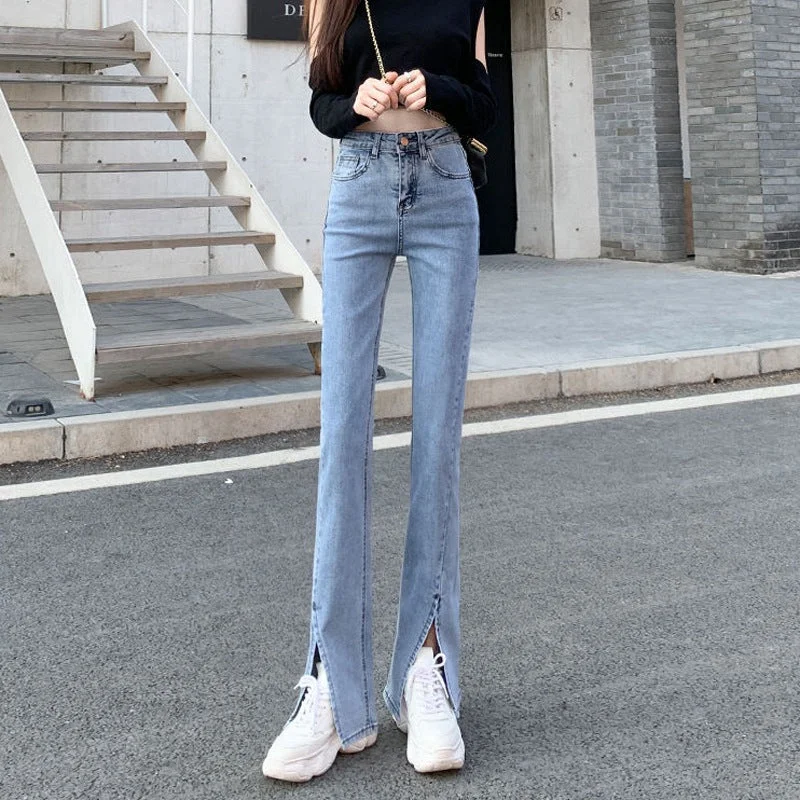 NiDELL Retro Korean Type Split Jeans for Women . Spring and Summer High Waist Slim Elastic Slimming Split Mop Bell-Bottom Pants