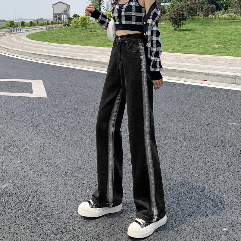 NiDELL Small Hong Kong Style High Waist Straight Wide-Leg Pants Women's Striped Gradient Jeans Loose Slimming Mop Dad Pants