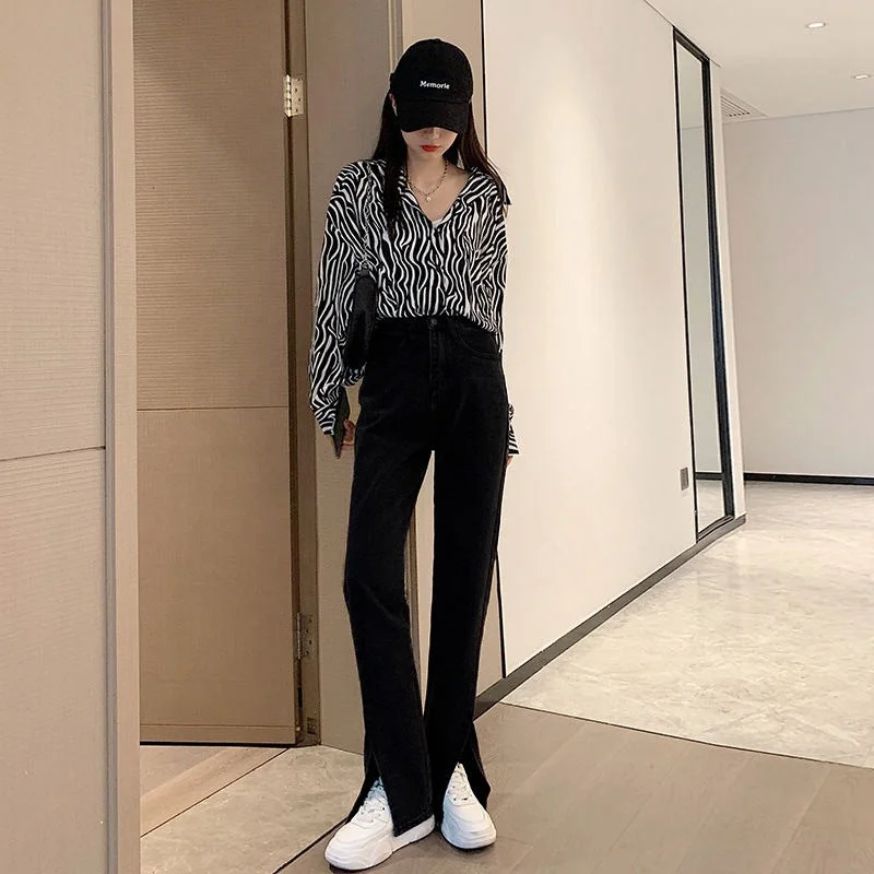 NiDELL Split Jeans Women's Design Spring High Waist Black Slimming Bootcut Pants Loose Mop Slim Fit Flared Pants