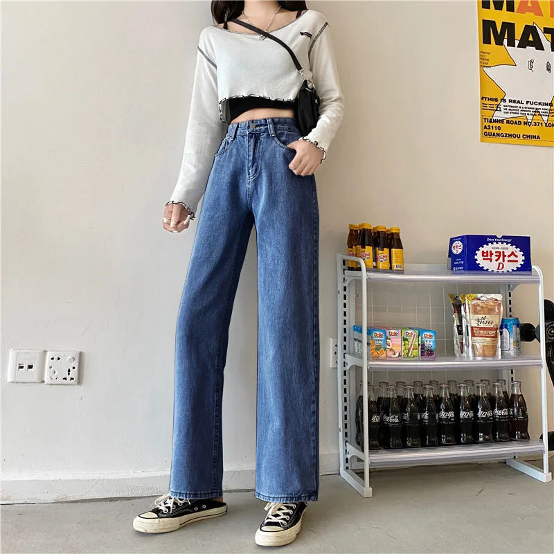 NiDELL Spring and Autumn . New Korean Style High Waist Slimming All-Matching Jeans Women's Loose Straight Drooping Wide Leg Mop Pants