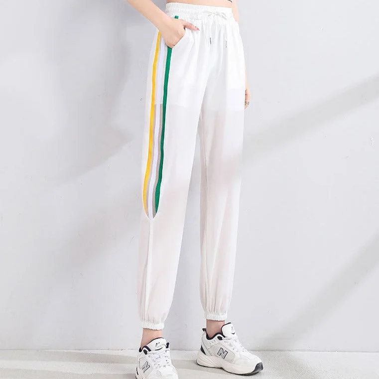 NiDELL White Track Pants Women's Summer Thin New Rainbow Striped Quick-Dry Pants Ankle-Length Pants Casual Sweatpants