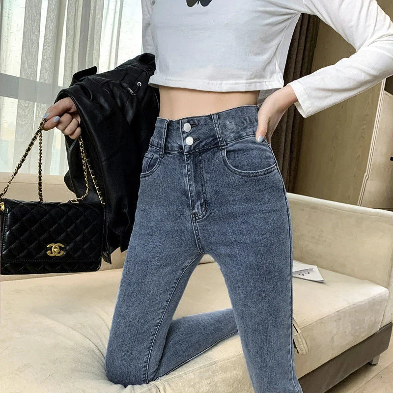 NiDELL Women's High Waist Stretch Jeans Fall . New Double Buckle Slimming Versatile Korean Style Slim Fit Skinny Pants