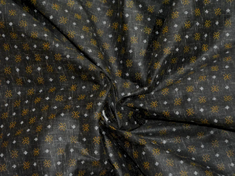 Black Motifs Glossy Printed Cotton Linen Fabric