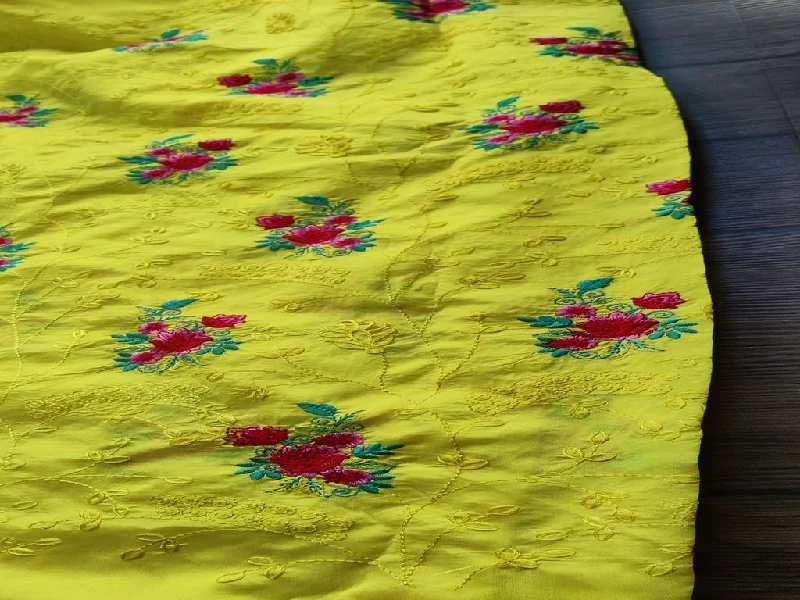 Bright Yellow Floral Embroidered Taffeta Silk Fabric