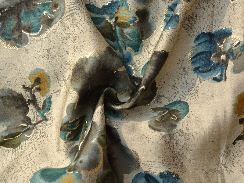 Cream & Blue Floral Premium Modal Chanderi Silk  Fabric