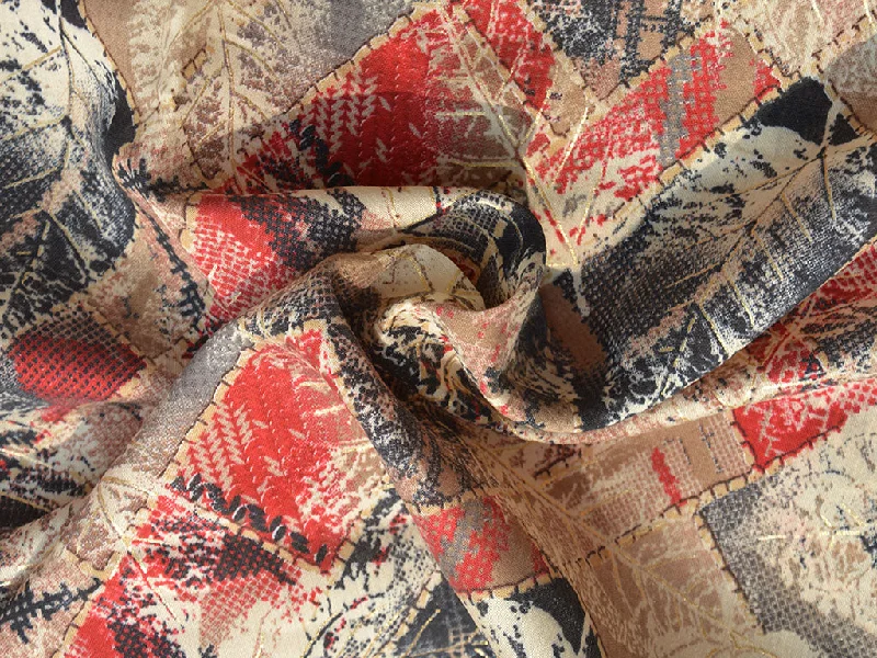 Cream & Red Leaves Floral Premium Modal Chanderi Silk Fabric