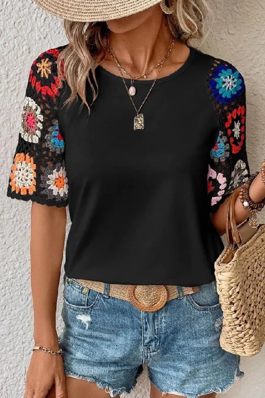 Floral Crochet Short Sleeve Top