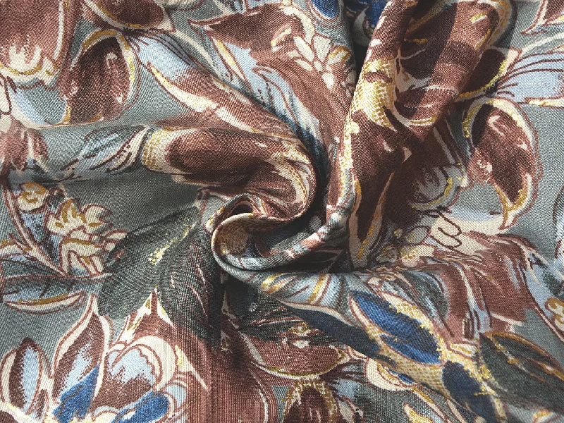 Gray & Brown Floral Premium Modal Chanderi Silk Fabric