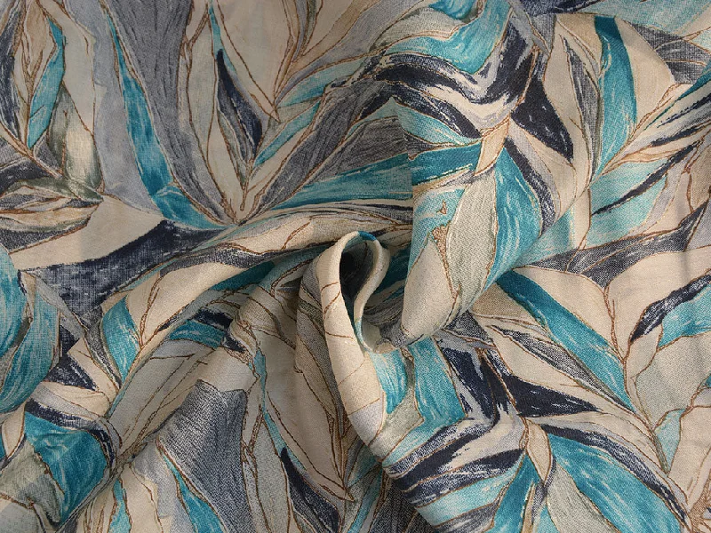 Gray & Sky Blue Floral Leaves Design Premium Modal Chanderi Silk Fabric