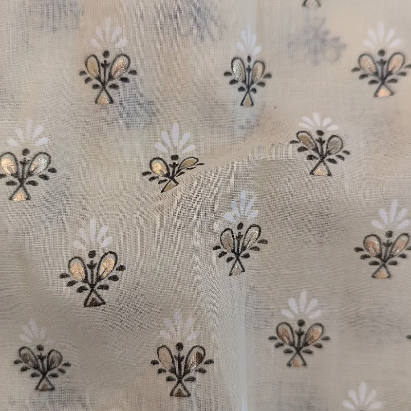 Ivory White Floral Foil Printed Malmal Cotton Fabric