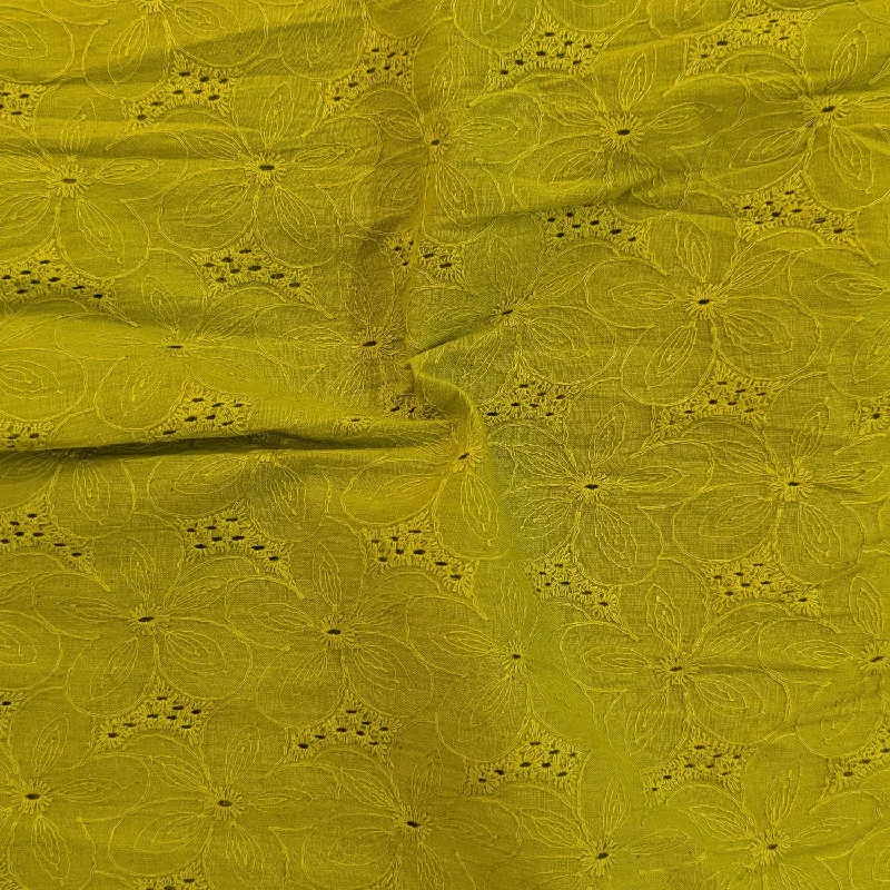 Lemon Green Floral Hand Dyed Cotton Embroidered Fabric