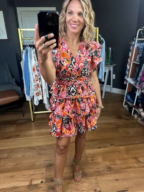 Living Out Loud Patterned Tiered Dress - Rust/Pink/Black