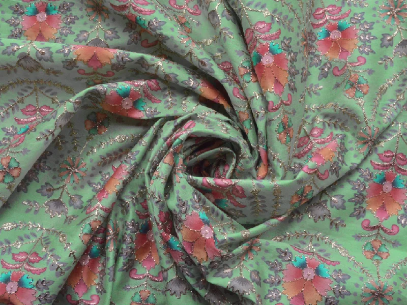 Forest Green Traditional Digital Print Heavy Zari Embroidered Mulberry Silk Fabric