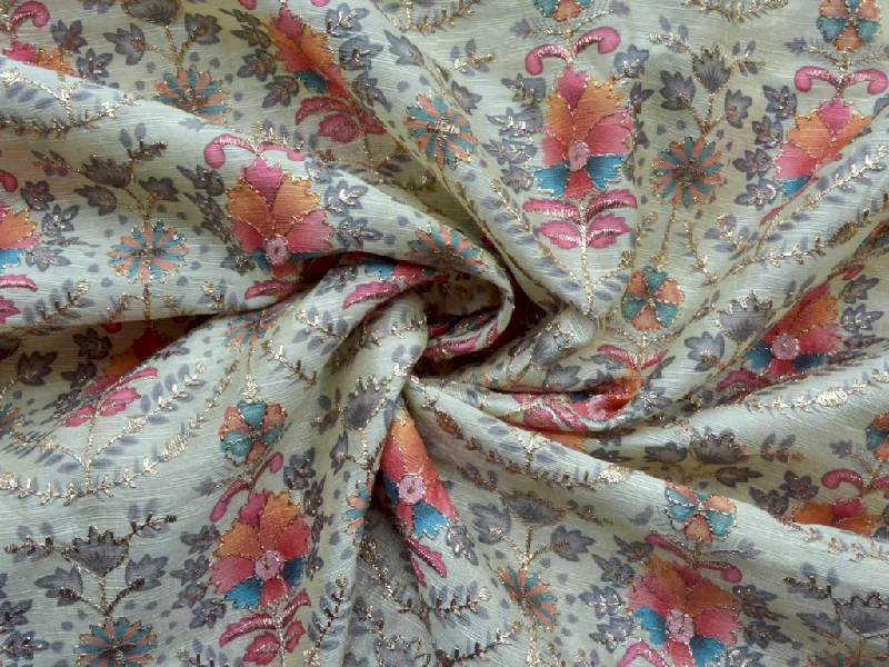 Pale Yellow Traditional Digital Print Heavy Zari Embroidered Mulberry Silk Fabric