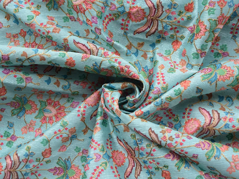 Light Teal Traditional Digital Print Heavy Zari Embroidered Mulberry Silk Fabric