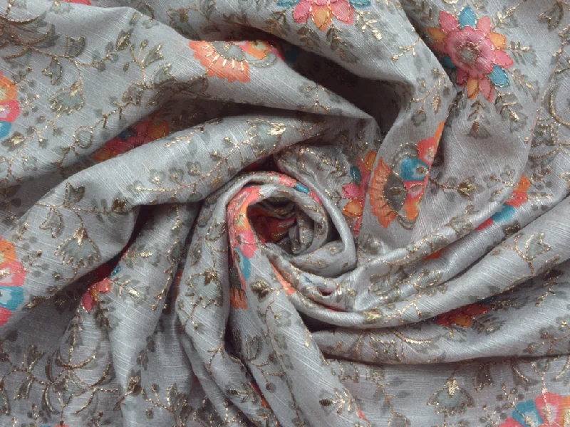 Ivory Gray Traditional Digital Print Heavy Zari Embroidered Mulberry Silk Fabric