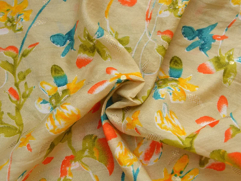 Pale Yellow Floral Premium Modal Chanderi Silk Fabric