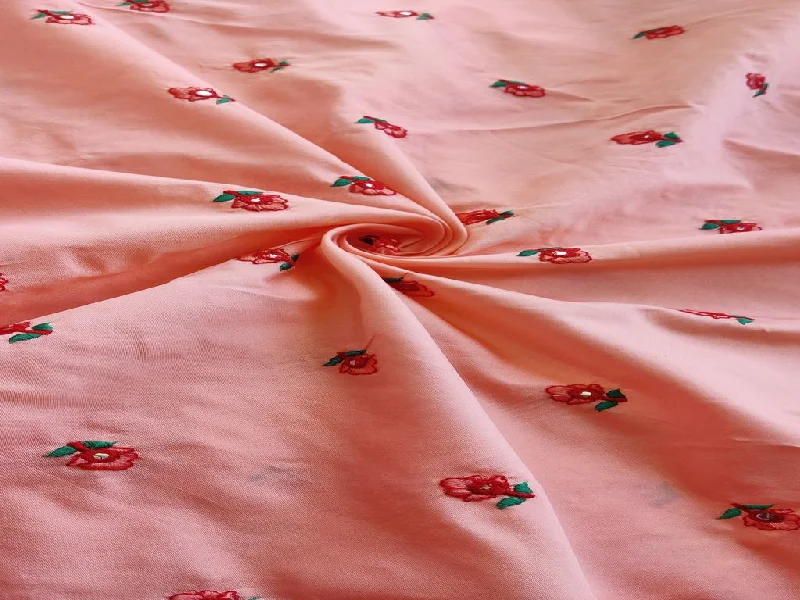 Peach Floral Embroidered Motifs Tafetta Fabric