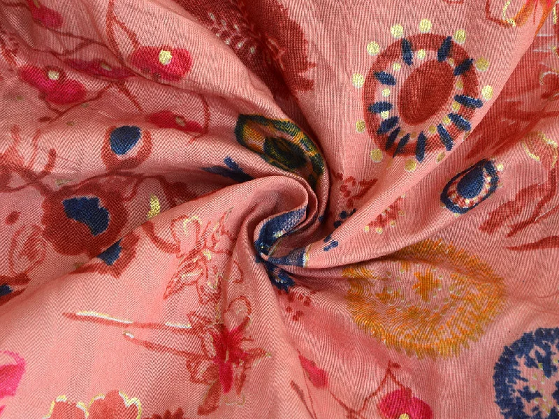 Peach Floral Printed Premium Modal Chanderi Silk Fabric