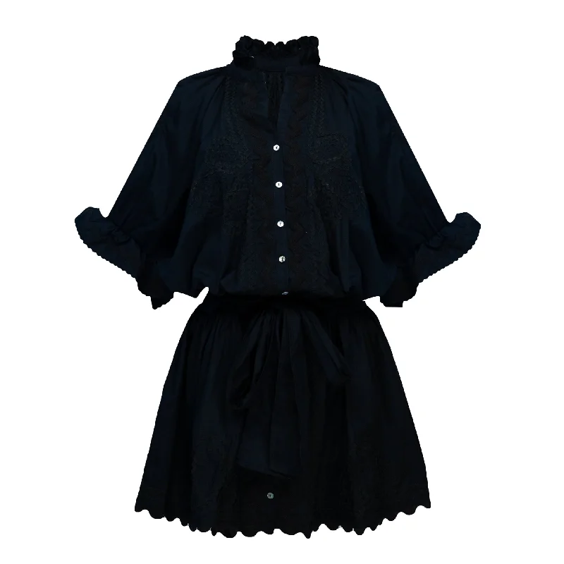 Poplin Blouson Dress With Ric Rac Embroidery Black