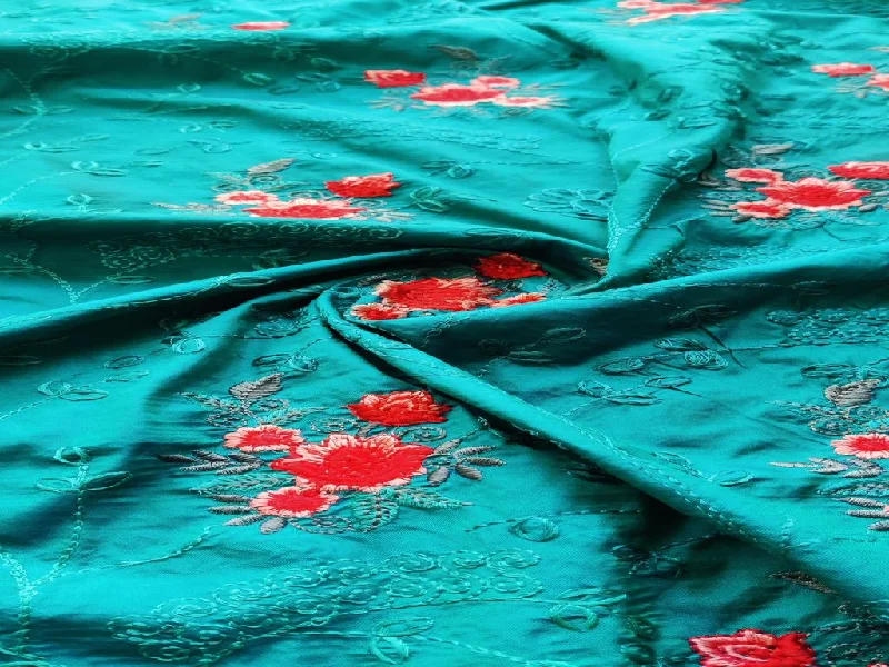 See Green Floral Embroidered Taffeta Silk Fabric