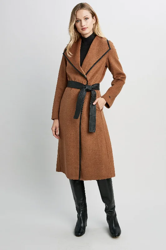 Tahari Double Face Wool Vegan Leather Trim Coat