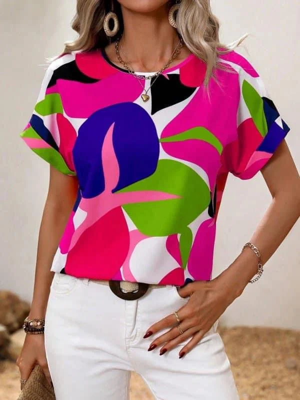 Trendy Multi-Color Printed U-Neck Short Sleeve Top