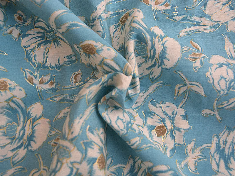 Turquoise & Cream Floral Premium Modal Chanderi Silk Fabric