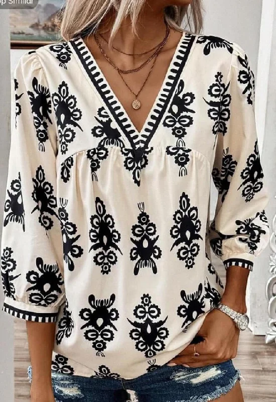 Vintage Geometric Printed 3/4 Sleeve V Neck Blouse