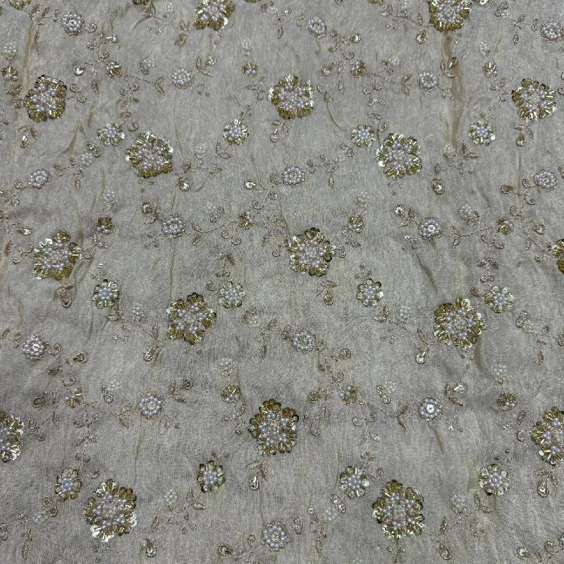 White & Gold Floral Beads & Sequins Handwork Dyeable Embroidered Viscose Tissue Silk Fabric