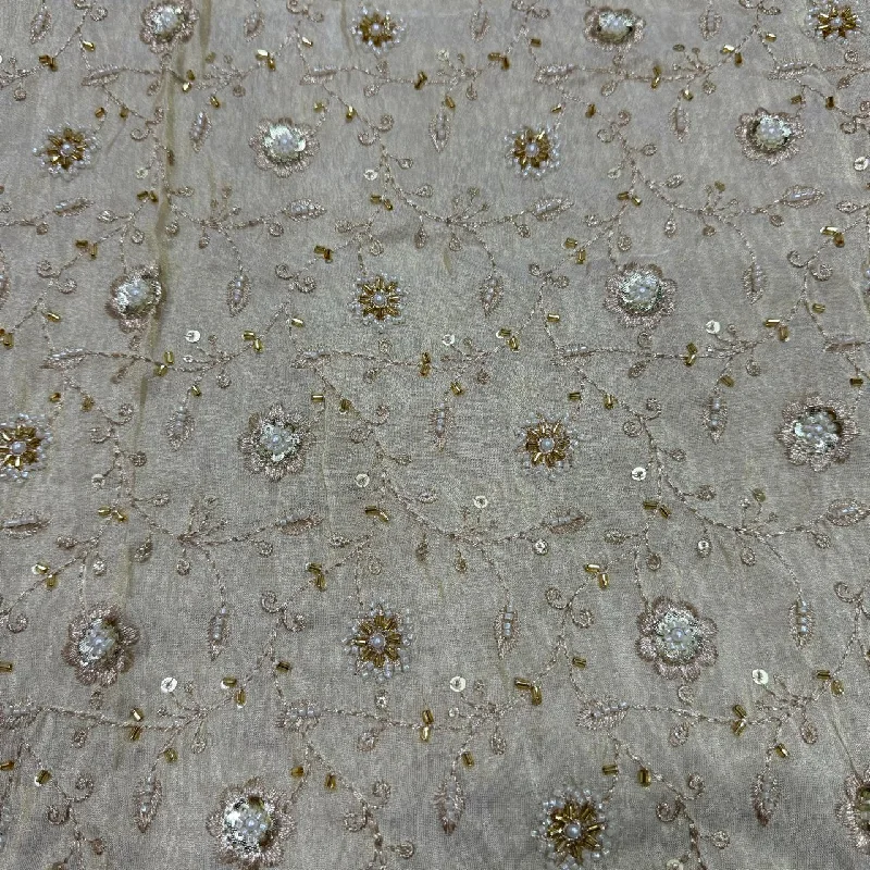 White & Golden Floral Beads & Sequins Handwork Dyeable Embroidered Viscose Tissue Silk Fabric