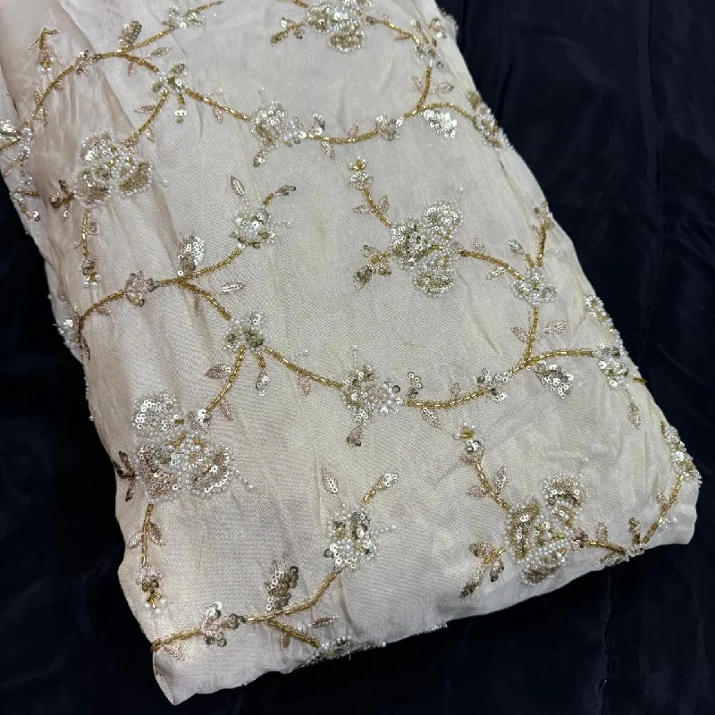 White & Golden Floral Beads & Sequins Handwork Dyeable Embroidered Viscose Tissue Silk Fabric