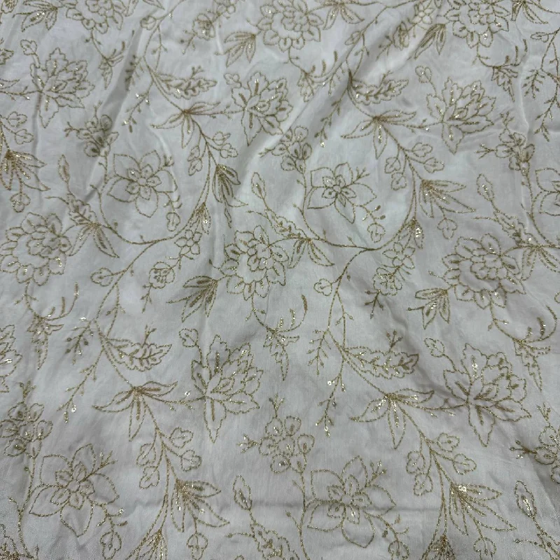 White & Golden Floral Sequins Embroidered  Dyeable Viscose Dola Silk Fabric