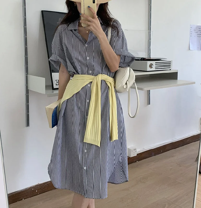 Julia Fashion - Striped Shirt-Collar Short Sleeve Women's Dress