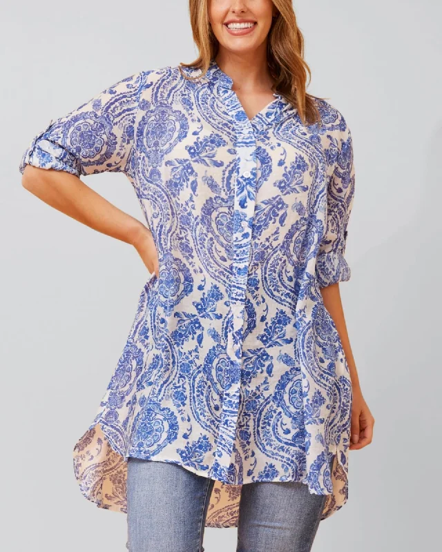 Cezanne Tunic Shirt Dress Semi-Sheer Paisley Print | Blue