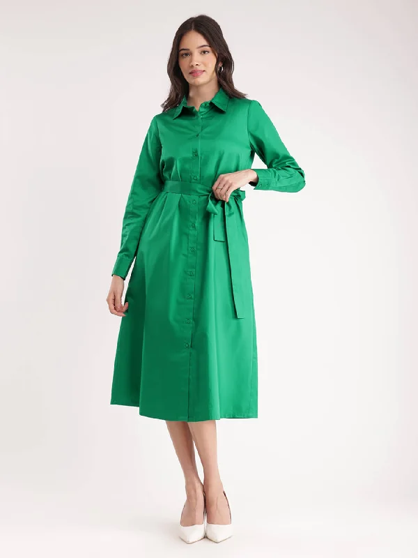 Cotton Satin Shirt Dress - Green