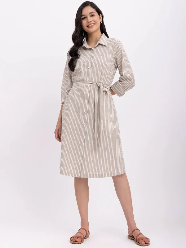 Cotton Striped Shirt Dress - Beige