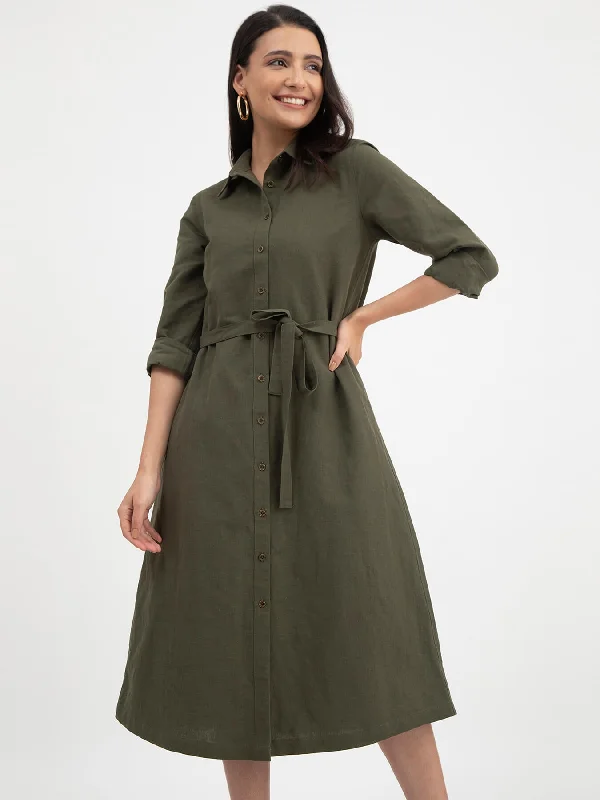 Linen Shirt Dress - Olive