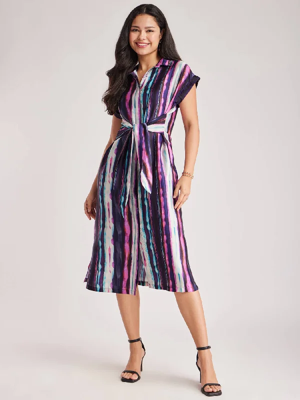 Satin Tie-up Shirt Dress - Pink And Purple