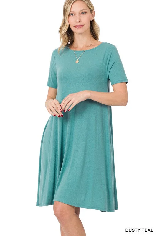 Short Sleeve T-Shirt Dress w/ Pockets -Dusty Teal