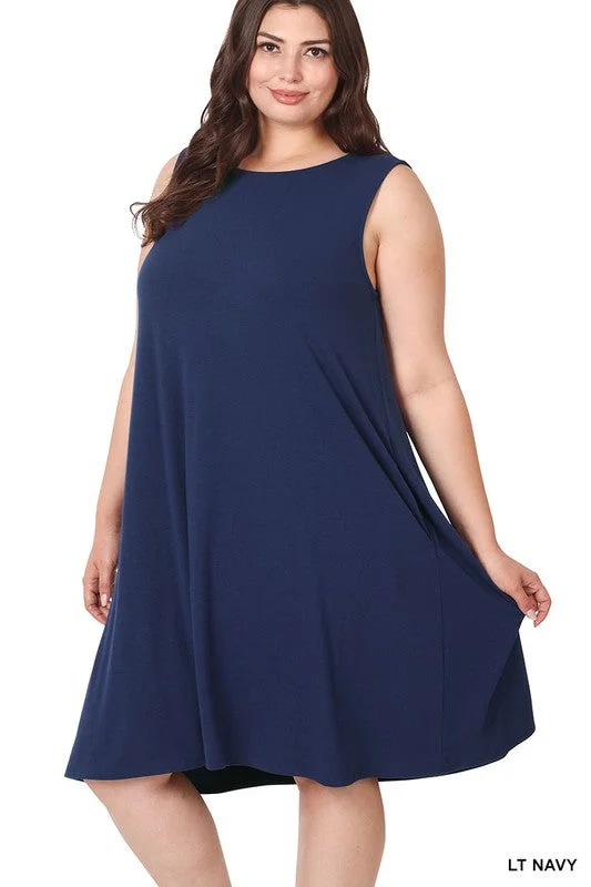 Sleeveless T-Shirt Dress w/ Pockets- Navy