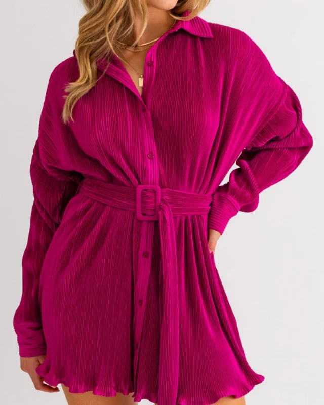 So This Is Love Pleated Shirt Dress In Magenta | Magenta