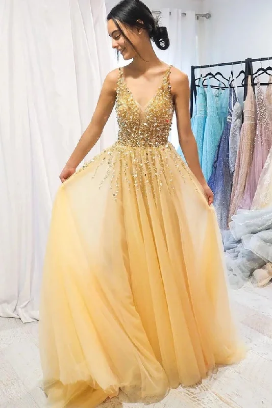 A Line V-Neck Sequins Tulle Floor Length Prom Dress N2570